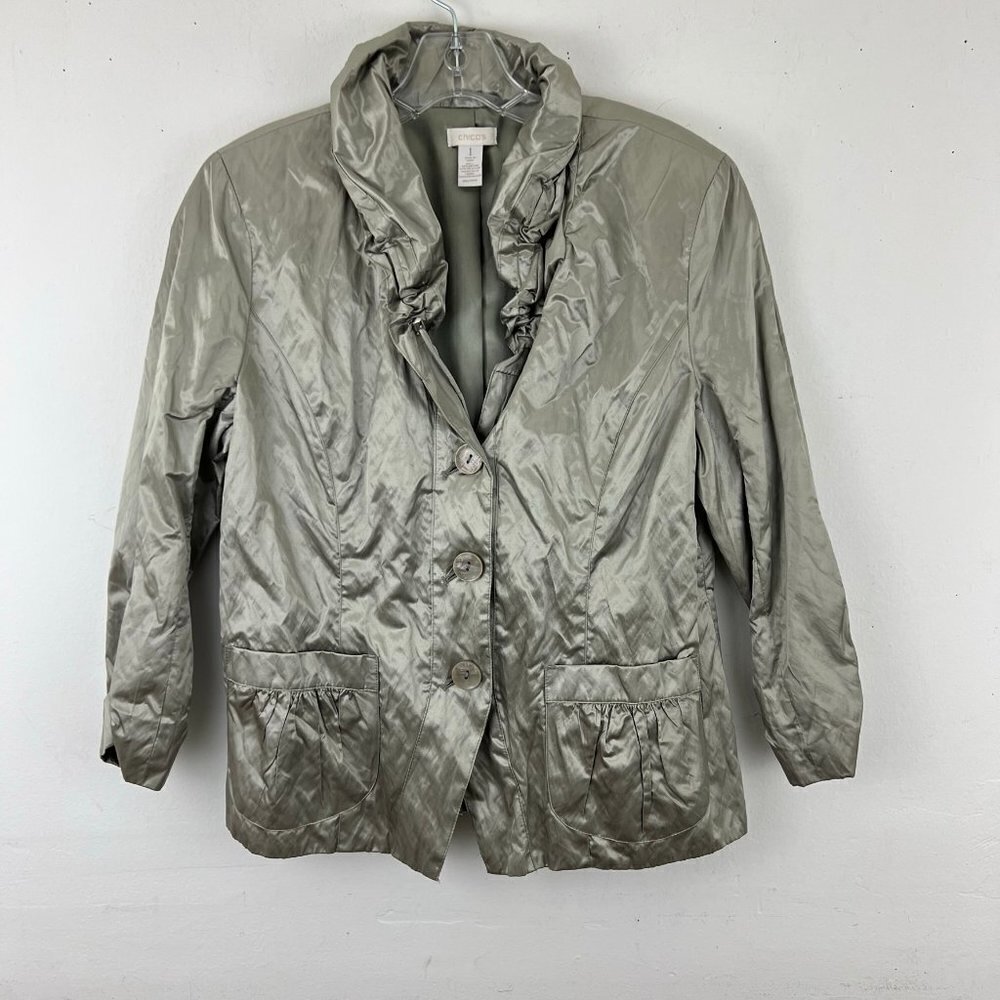 Chicos Size 1 M‎  Metallic Crinkle Jacket Silver - Drawstring Collar Pockets